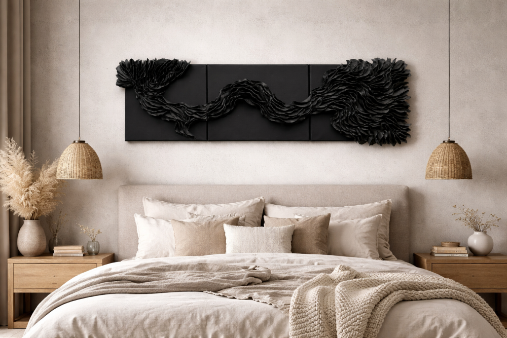 Textured Abstract Black Clay Wall Art Wabi Sabi Modern Organic Luxury Triptych Canvas Panels - Image 11