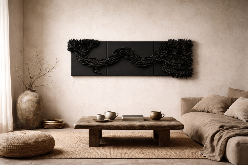 Textured Abstract Black Clay Wall Art Wabi Sabi Modern Organic Luxury Triptych Canvas Panels - Image 3