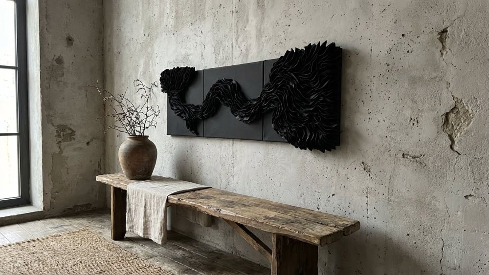 Textured Abstract Black Clay Wall Art Wabi Sabi Modern Organic Luxury Triptych Canvas Panels - Image 4
