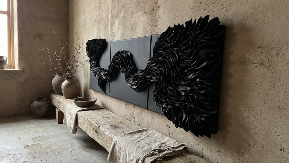 Textured Abstract Black Clay Wall Art Wabi Sabi Modern Organic Luxury Triptych Canvas Panels - Image 5