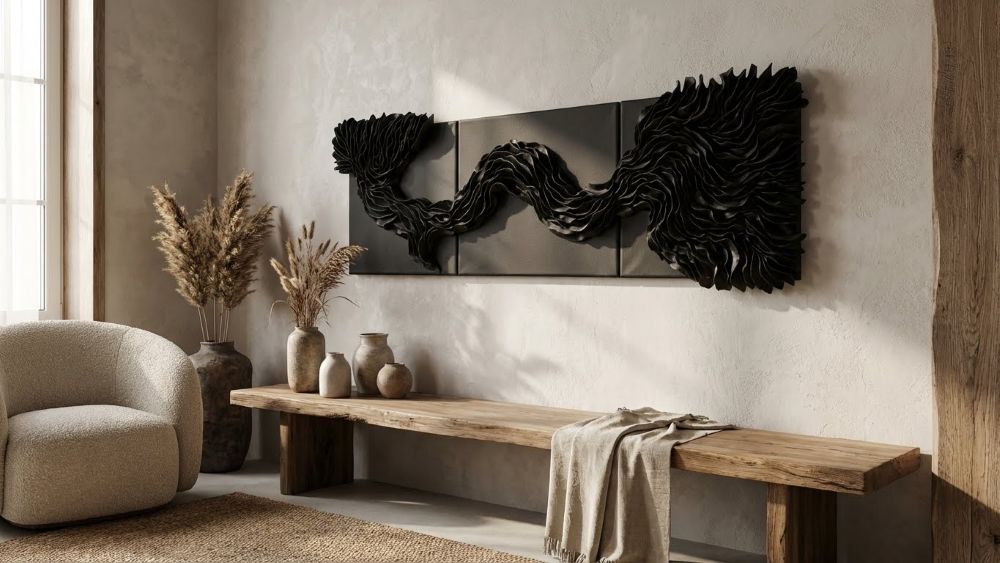 Textured Abstract Black Clay Wall Art Wabi Sabi Modern Organic Luxury Triptych Canvas Panels - Image 6