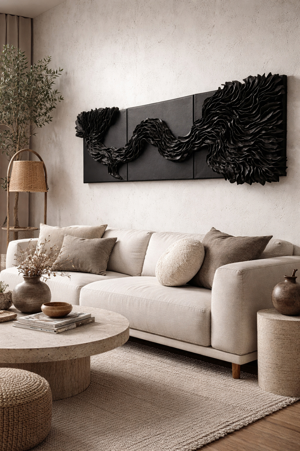 Textured Abstract Black Clay Wall Art Wabi Sabi Modern Organic Luxury Triptych Canvas Panels - Image 7