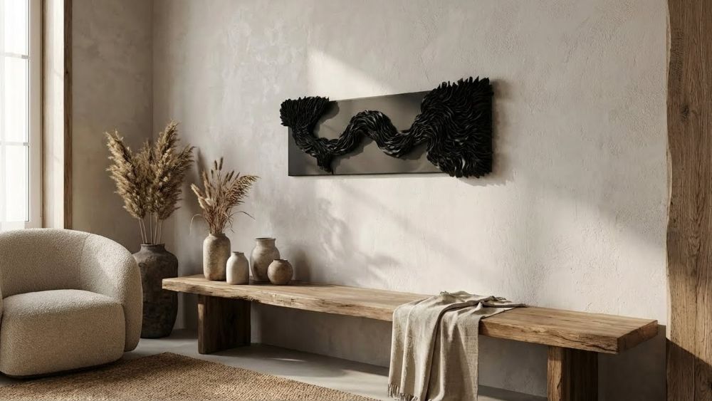 Textured Abstract Black Clay Wall Art Wabi Sabi Modern Organic Luxury Triptych Canvas Panels - Image 9