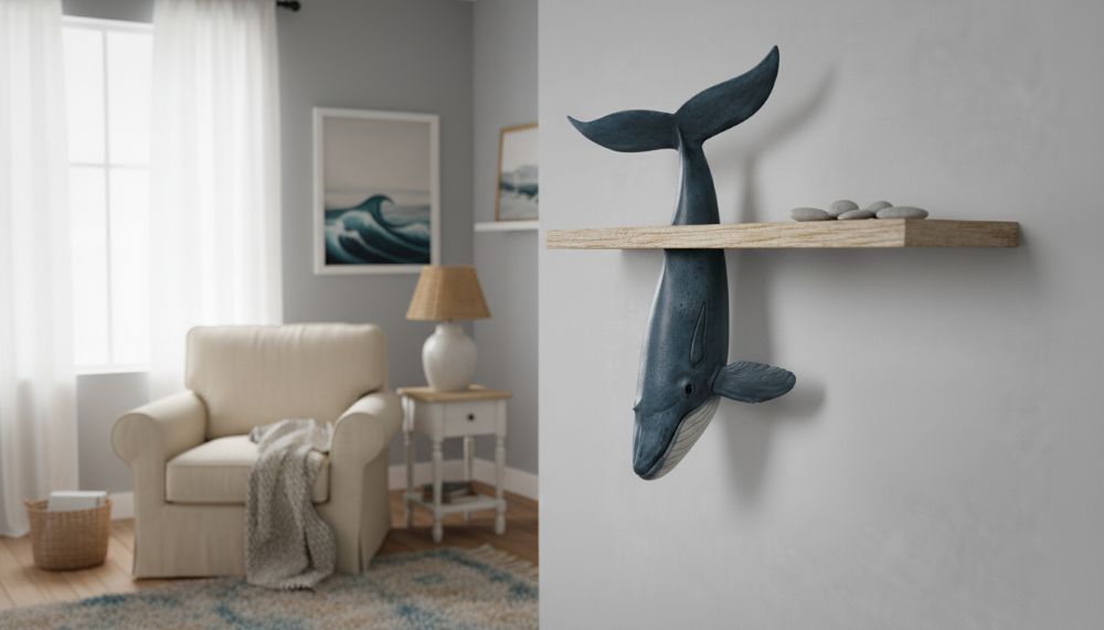 Whale Shelf Decor Sculpture, Nautical Coastal Wall Art, Ocean Ornament - Image 2