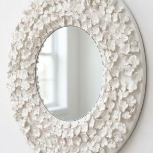 Luxury Handmade White Floral Mirror Large Round Sculptural Textured Wall Art Statement Piece