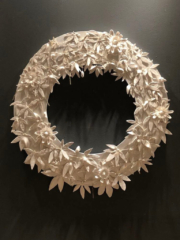Passion Flower Wall Art Sculpture Round Clay Wreath on wood panel. Highly detailed multi media artwork in white with champagne wire tendrils. Totally hand-sculpted commissioned art.