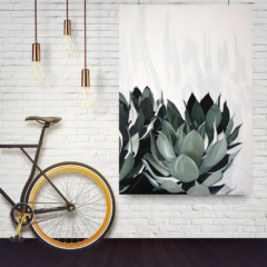 Agave plant greenery acrylic painting on canvas, sculptural leaves on white background with lots of light and faint shadows in the background. Beautiful piece for any interior.