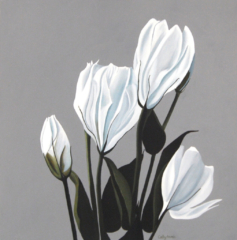 Very elegant acrylic painting in mainly white and gray muted colors. The white flowers have touches of pale blue as shadows and the stems are dark green, almost black in places. Highly stylish artwork ideal for interior design.